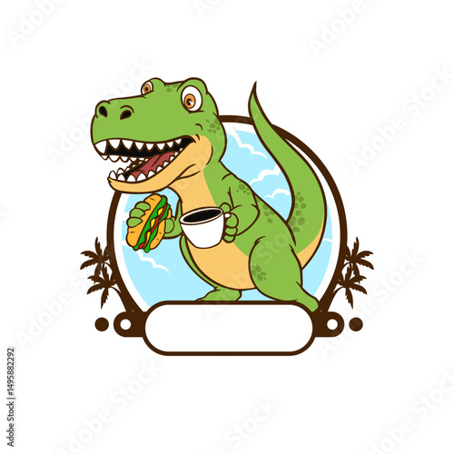 Vector illustration of a dinosaur drinking coffee and eating used for a cafe mascot