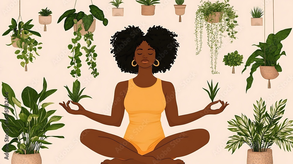 Woman Meditating Amidst Plants. Woman Meditating Amidst Plants.