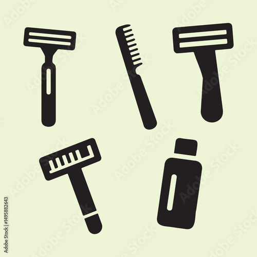Grooming Essentials Silhouettes of Razors and Bottles Illustration.