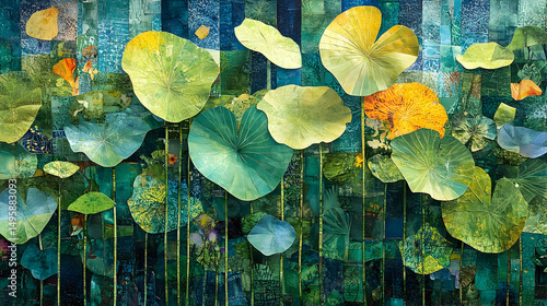 A vibrant collage of lotus leaves in varying shades of green and yellow.