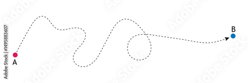 Curved line with start point and direction arrow. Difficult way, chaos path, hard route, challenge symbol isolated on white background. Vector graphic illustration . EPS 10 . 
