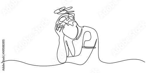 Man in depression, stressed, headache and despair continuous one line drawing. Single line art illustration of confusing and stressed person. Editable vector, Continuous line drawings of a young man.