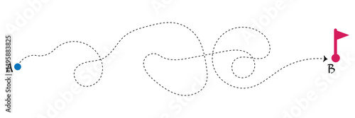 Curved line with start point and direction arrow. Difficult way, chaos path, hard route, challenge symbol isolated on white background. Vector graphic illustration . EPS 10 . 