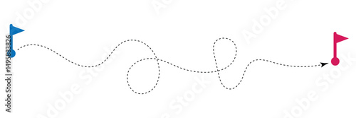 Curved line with start point and direction arrow. Difficult way, chaos path, hard route, challenge symbol isolated on white background. Vector graphic illustration . EPS 10 . 
