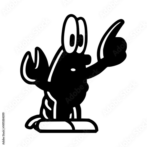 Bold black and white illustration of a lobster with exaggerated eyes, claw hand raised, and wearing shoes in a playful pose.