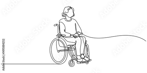 One line drawing of disability woman continuous sketch vector. Hand drawn concept of girl with broken legs, Woman with physical disability sitting in wheel chair in continuous one line drawing. Single