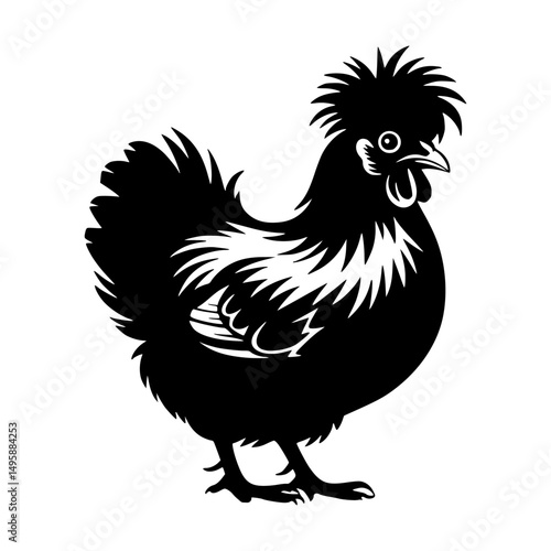 Black and white vector silhouette of a fluffy chicken with distinct feathers and crest, ideal for farm or poultry designs.