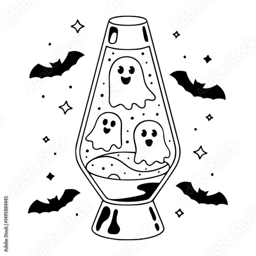 Black and white illustration of a lava lamp containing cute ghosts, surrounded by flying bats and sparkles.