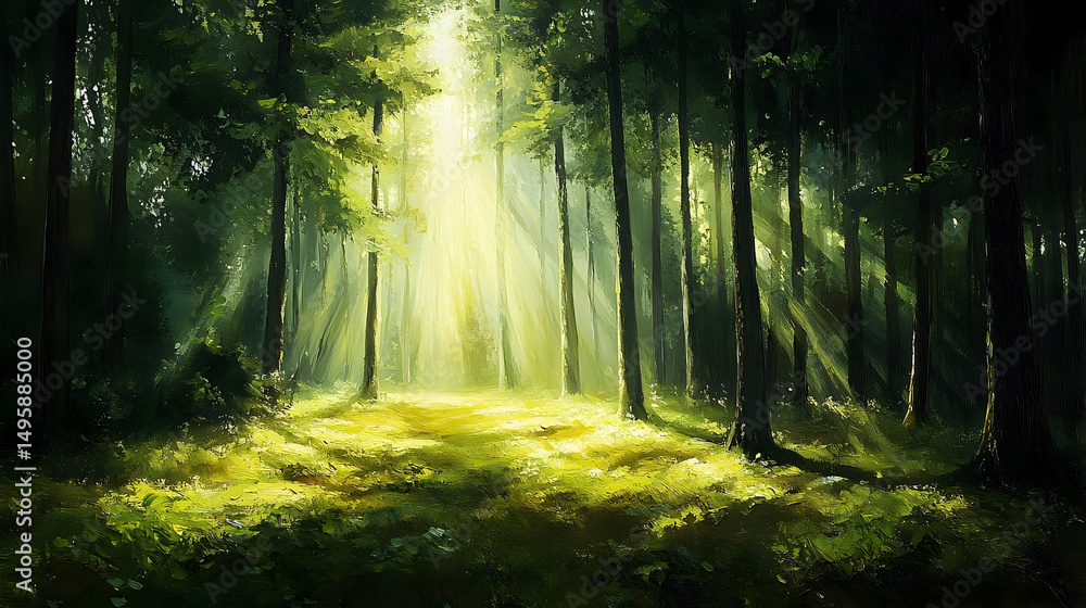 Fototapeta premium Sunbeams illuminating a lush green forest.