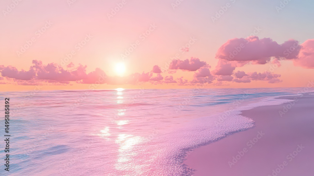 Obraz premium A serene beach scene at sunset with pink hues reflecting on the water and fluffy clouds above