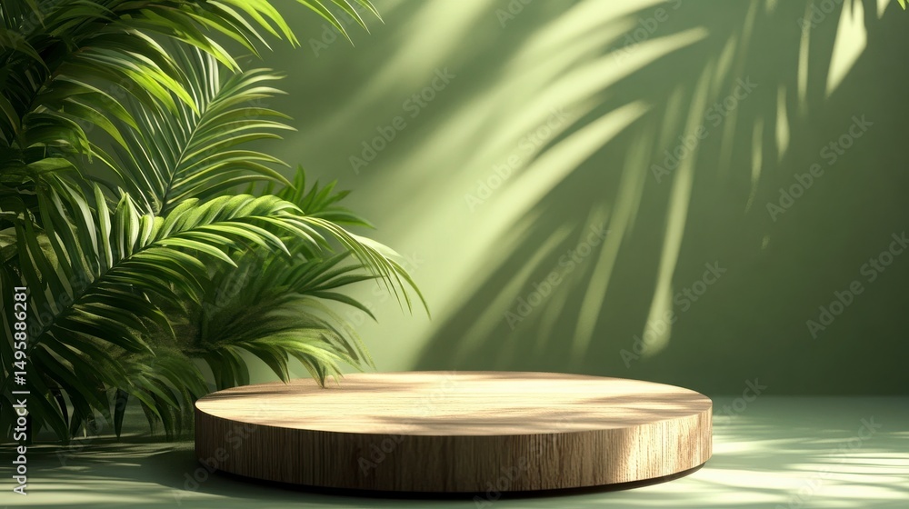 Obraz premium A light wooden round platform is surrounded by tropical palm leaves indoors