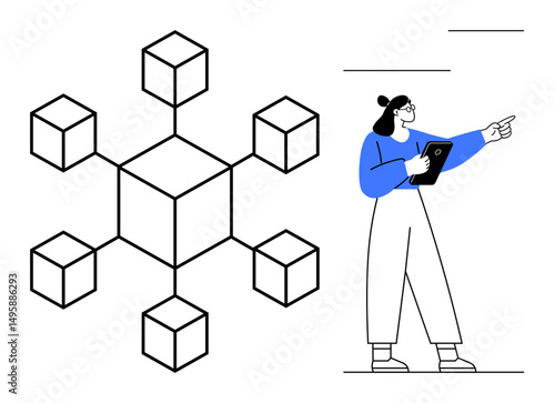 Geometric cubes interconnected to form a blockchain-thumbs up diagram. A woman points confidently with a tablet. Ideal for technology, blockchain, data flow, education, teamwork, digitalization