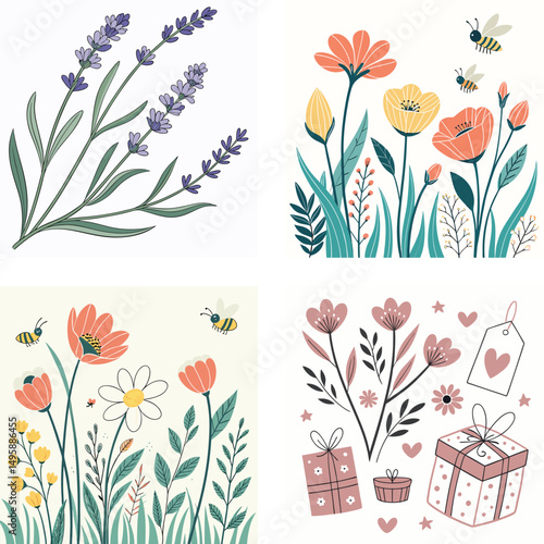 Floral Designs with Bees and Gift Elements A Collection of Four Unique Illustrations