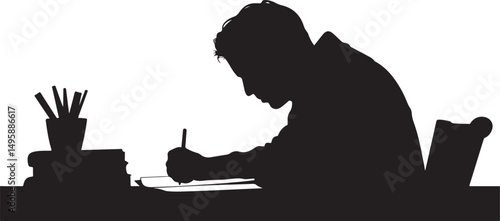 Silhouette of Person Writing at Desk with Books and Pencils
