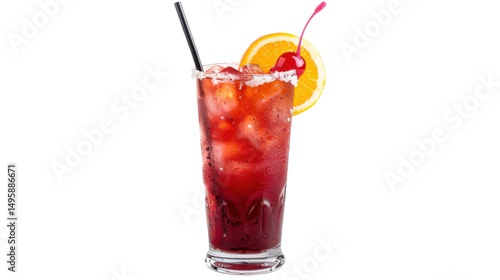 Wallpaper Mural Refreshing cocktail served in a tall glass with ice, garnished with cherry and orange, on a bright background Torontodigital.ca