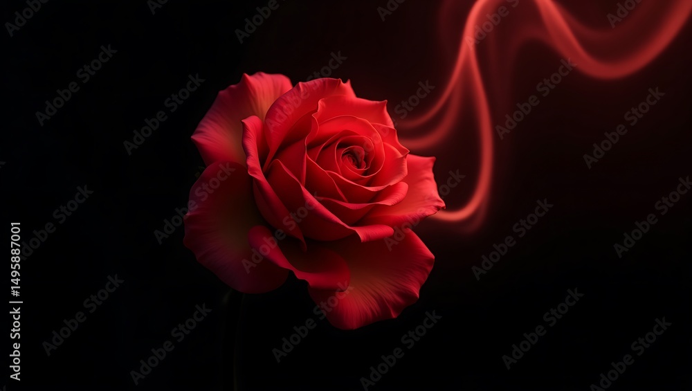 Single red rose surrounded by swirling red smoke, dark background Single red rose surrounded by swirling red smoke, dark background