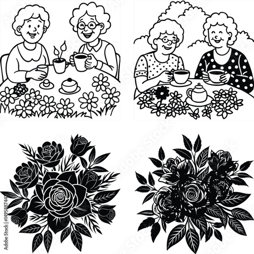Two Elderly Women Enjoying Tea and Roses A Black and White Illustration