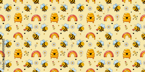 Cute seamless pattern with smiling bees, honeycombs, rainbows, and flowers on a soft yellow background. Perfect for kids, fabric, wallpaper, and spring-themed designs.