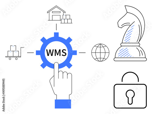 Gear labeled WMS with hand, warehouse, cart, globe, chess knight, and padlock. Ideal for supply chain, technology, logistics inventory strategy security business systems flat simple metaphor