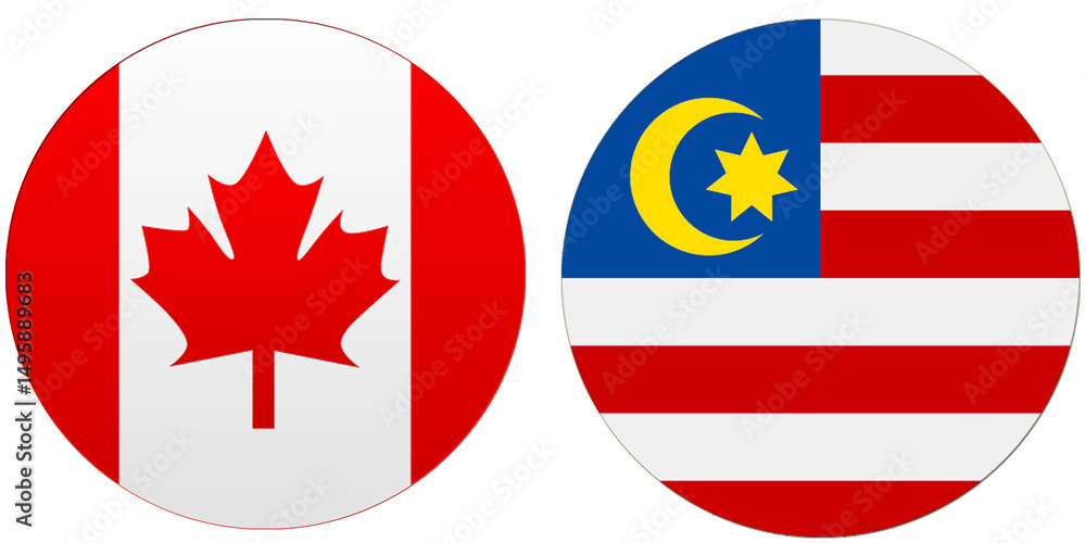 Fototapeta premium Canada Official flag with Malaysia national flag, both countries flags are in Round shape and isolated on white background, Circular colorful design Flag with together.
