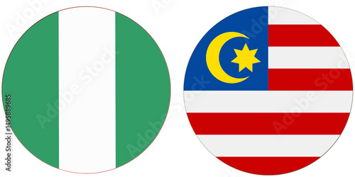 Photography Nigeria Official flag with Malaysia national flag, both countries flags are in Round shape and isolated on white background, Circular colorful design Flag with together