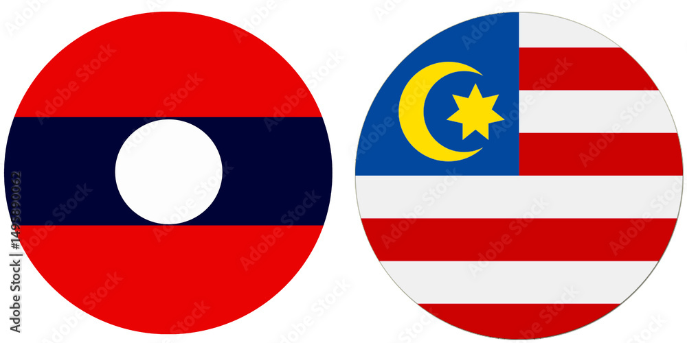 Fototapeta premium Laos Official flag with Malaysia national flag, both countries flags are in Round shape and isolated on white background, Circular colorful design Flag with together.