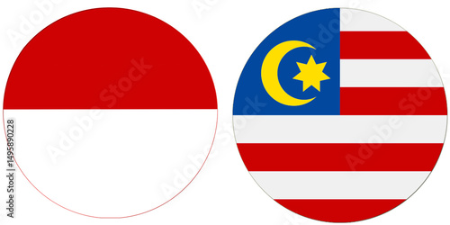 Photography Indonesia Official flag with Malaysia national flag, both countries flags are in Round shape and isolated on white background, Circular colorful design Flag with together