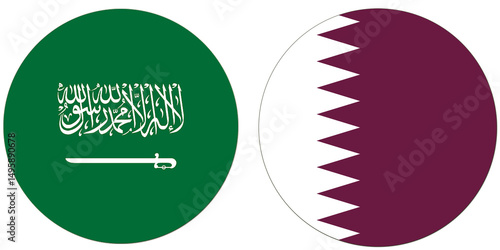 Saudi Arabia Official flag with Qatar national flag, both countries flags are in Round shape and isolated on white background, Circular colorful design Flag with together.