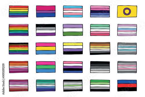 Set of colorful LGBTQ+ pride flags Gender equality and sexual identity pride flags collection LGBTQIA community pride month