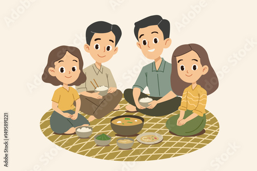Family sitting on mat sharing traditional meal flat vector illustration for cultural lifestyle home dining and happy togetherness concept