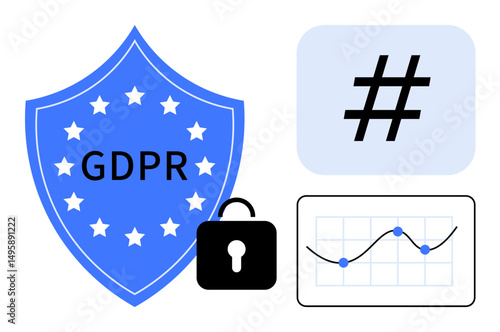 GDPR compliance shield, secure lock, metadata tag, and graph indicating data protection, regulation, security, analytics, privacy compliance and online safety. Ideal for cybersecurity topics or