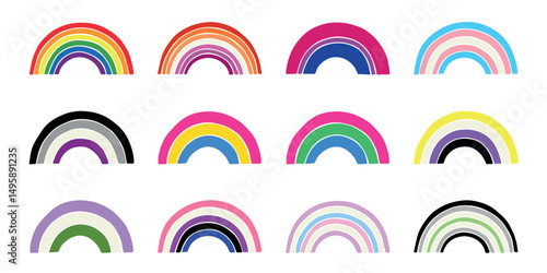Set of colorful LGBTQ+ pride flag rainbows Gender equality and sexual identity pride flags collection LGBTQIA community pride month