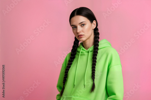 portrait of a young woman long dark hair styled in two braids against a solid pink background concept retrato de una mujer joven pelo largo oscuro peinado en dos trenzas contra un concepto de fondo