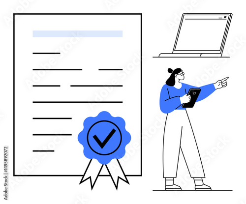 Certificate with approval badge beside a person pointing at a laptop, holding a clipboard. Ideal for education, training, workflow, certification, digital process, remote work, simple landing page