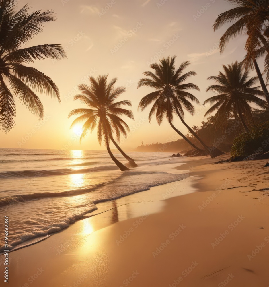 Fototapeta premium Golden hour light bathes a sandy beach, palm silhouettes against a faded sky, film flare , ocean view, film