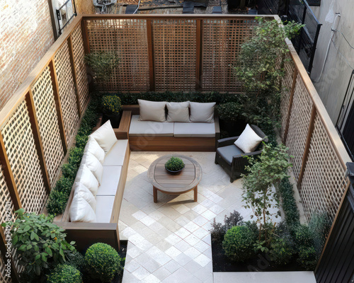 Compact urban patio with privacy screens and cozy seating