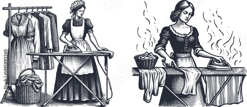 Vintage Woodcut Style Illustration of a Woman Ironing Clothes – Retro Engraving Design Depicting Domestic Chores, Hand-Drawn Etching of Housework Scene in Classic Style