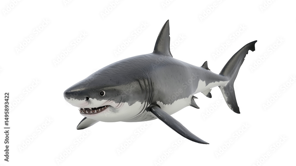 Obraz premium A realistic depiction of a great white shark swimming in clear ocean waters, showcasing its powerful physique and sharp features, with sunlight filtering through the water's surface