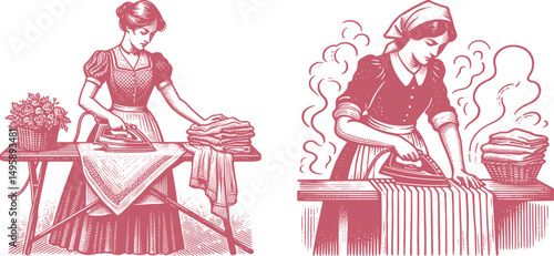 pink Woodcut Style Illustration of a Housewife Ironing Clothes – Retro Engraving Design Depicting Domestic Chores and Traditional Household Scene