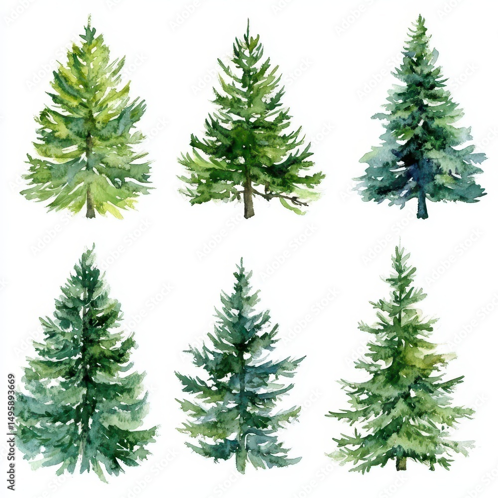 Obraz premium Handcrafted Winter Evergreen Tree Collection. Watercolor Illustrations of Isolated Holiday Fir and Pine on White Background