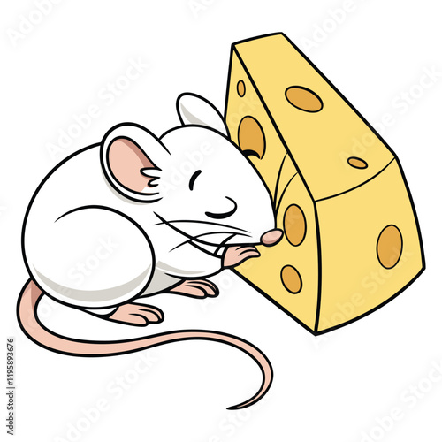 Cute greedy white muse is sleeping with big delicious chees, Adobe Illustrator Artwork