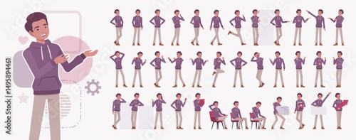Young dark skin guy wearing purple hoodie character set sporty casual streetwear for daily leisure activities poses bundle. Everyday office work, party vacation and street fashion. Vector illustration