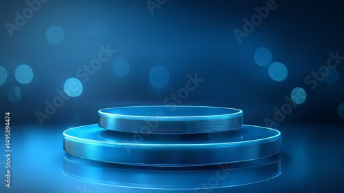 Two tiered round blue platform illuminated with shining bokeh particles creates futuristic ambiance