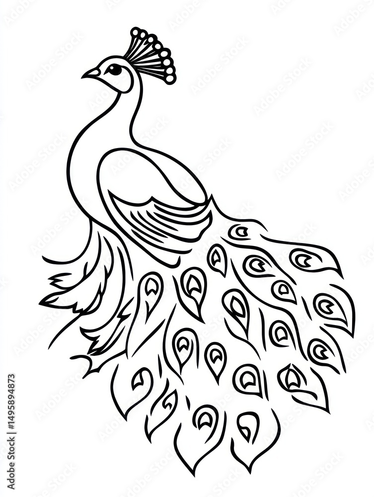 Fototapeta premium Elegant peacock line art drawing, suitable for coloring book or design inspiration