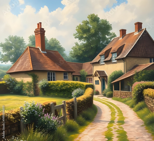 Village home painting, Rural house art, Village scene canvas, Traditional home painting, Countryside home, Rustic house painting, Village life art, Oil painting village home, Watercolor village house,