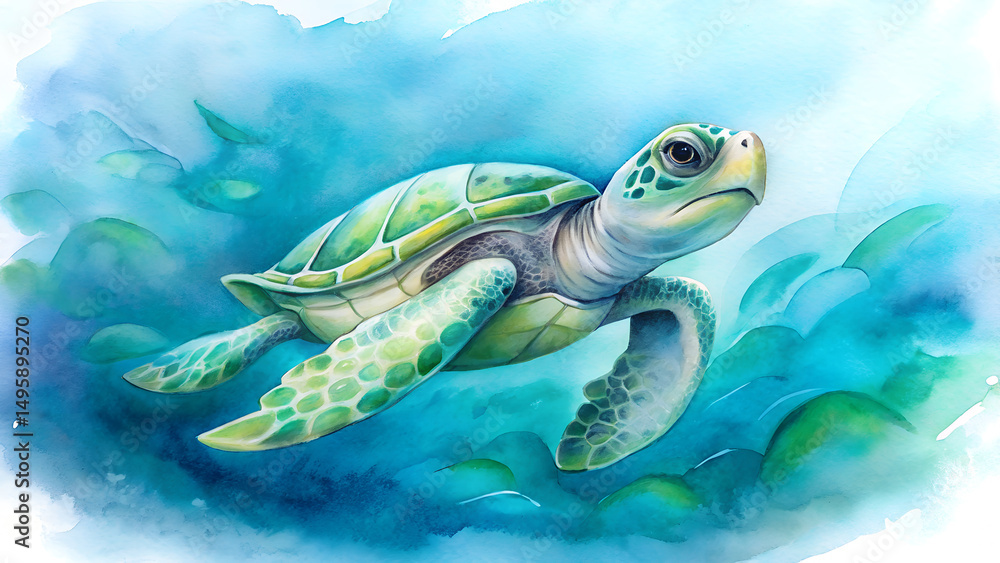 Fototapeta premium Green Sea Turtle Swimming in Vibrant Turquoise Ocean Watercolor Painting