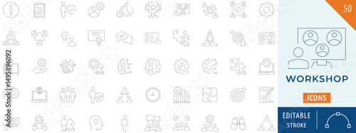 Workshop icon collection set. Containing collaboration, training, coaching, presentation, and more. Editable stroke.