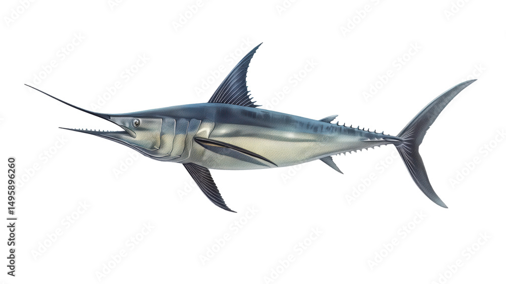 Obraz premium Realistic illustration of a marlin swimming gracefully in clear ocean waters, showcasing its vibrant colors and sleek body