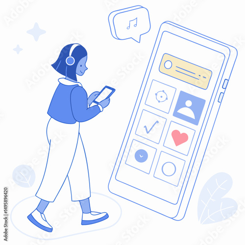 Woman walking using mobile phone app music streaming service