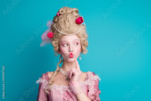 Photo of thoughtful duchess medieval lady hand touch face theater performance isolated on blue color background
